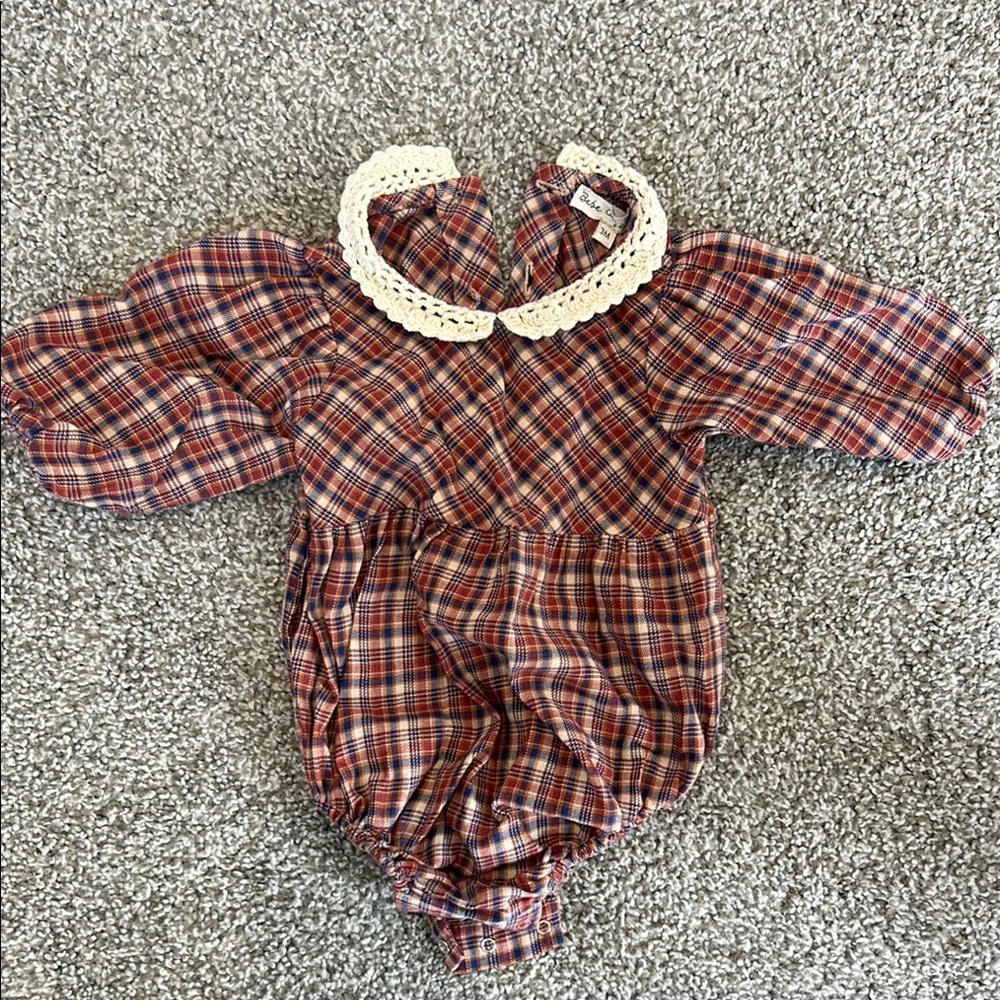 Plaid Baby Romper with Crochet Collar